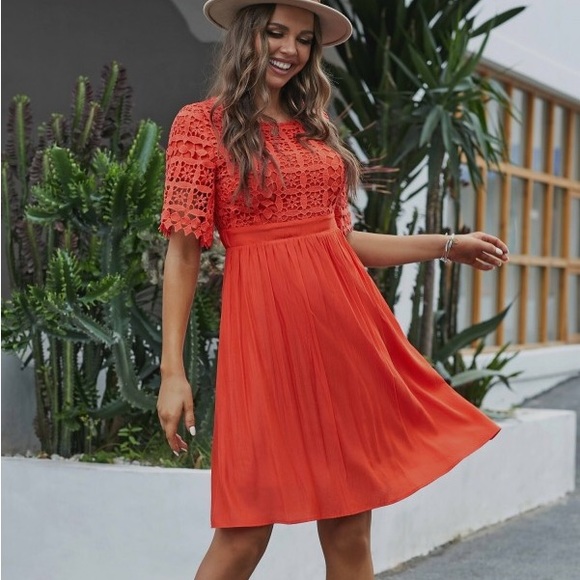 EUC Orange Half Sleeve Round Neck Lace Overlay Bodice Midi Dress Petallush - Picture 4 of 7